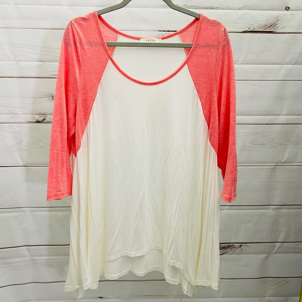 Pink and white flowy baseball shirt with 3/4 sleeves